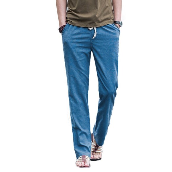 Linen Blend Lightweight Solid Casual Pants Drawstring Rope Pockets Elastic Waist - Picture 9 of 13